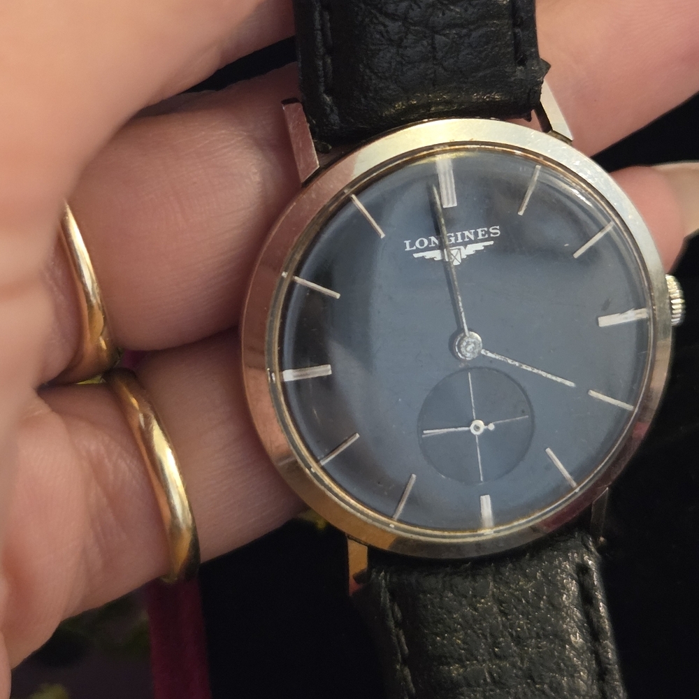 Longines Men's Black Dial Gold Tone Case Leather Strap Watch